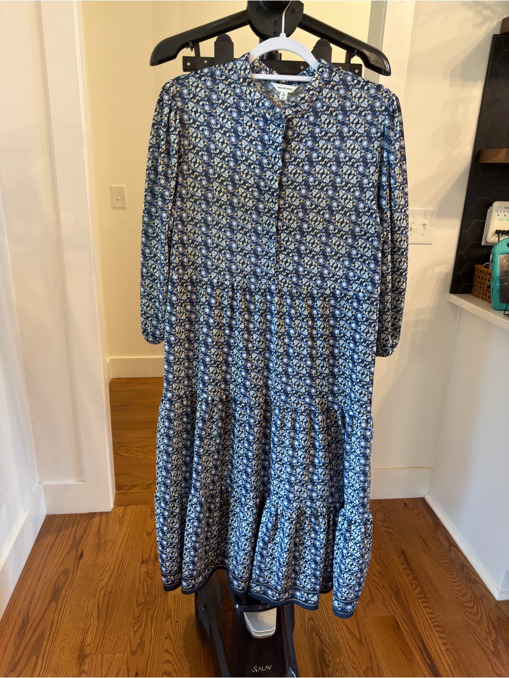 Max Studio Blue Floral Tiered Long-Sleeve Midi Dress